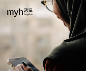 Muslim Youth Helpline logo over a photograph of a young person in a hijab looking at a phone