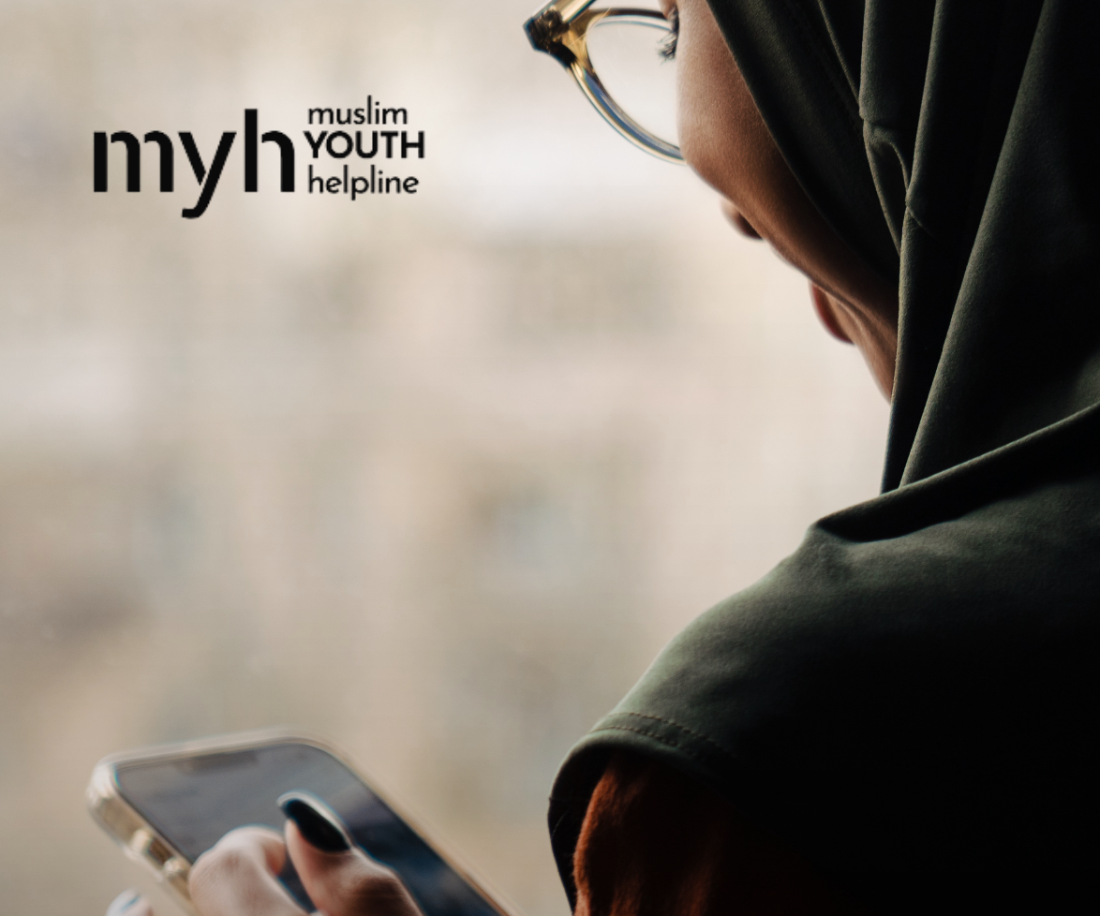 Muslim Youth Helpline logo over a photograph of a young person in a hijab looking at a phone