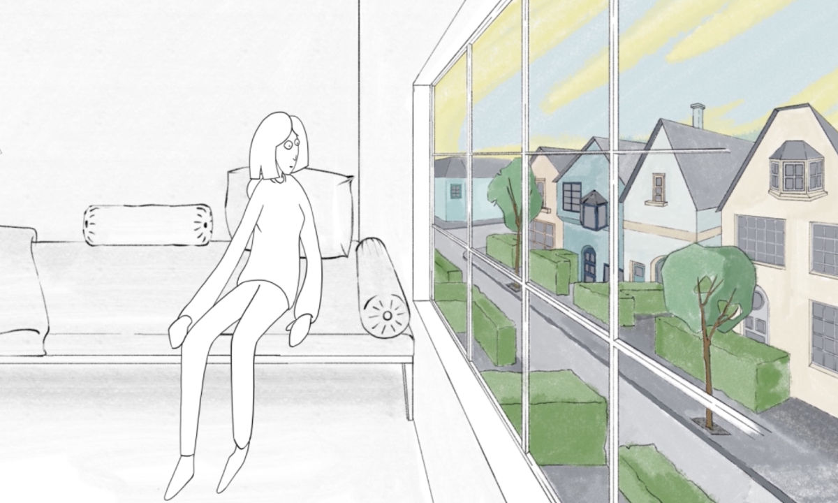 Line illustration of a person sitting alone by a large window