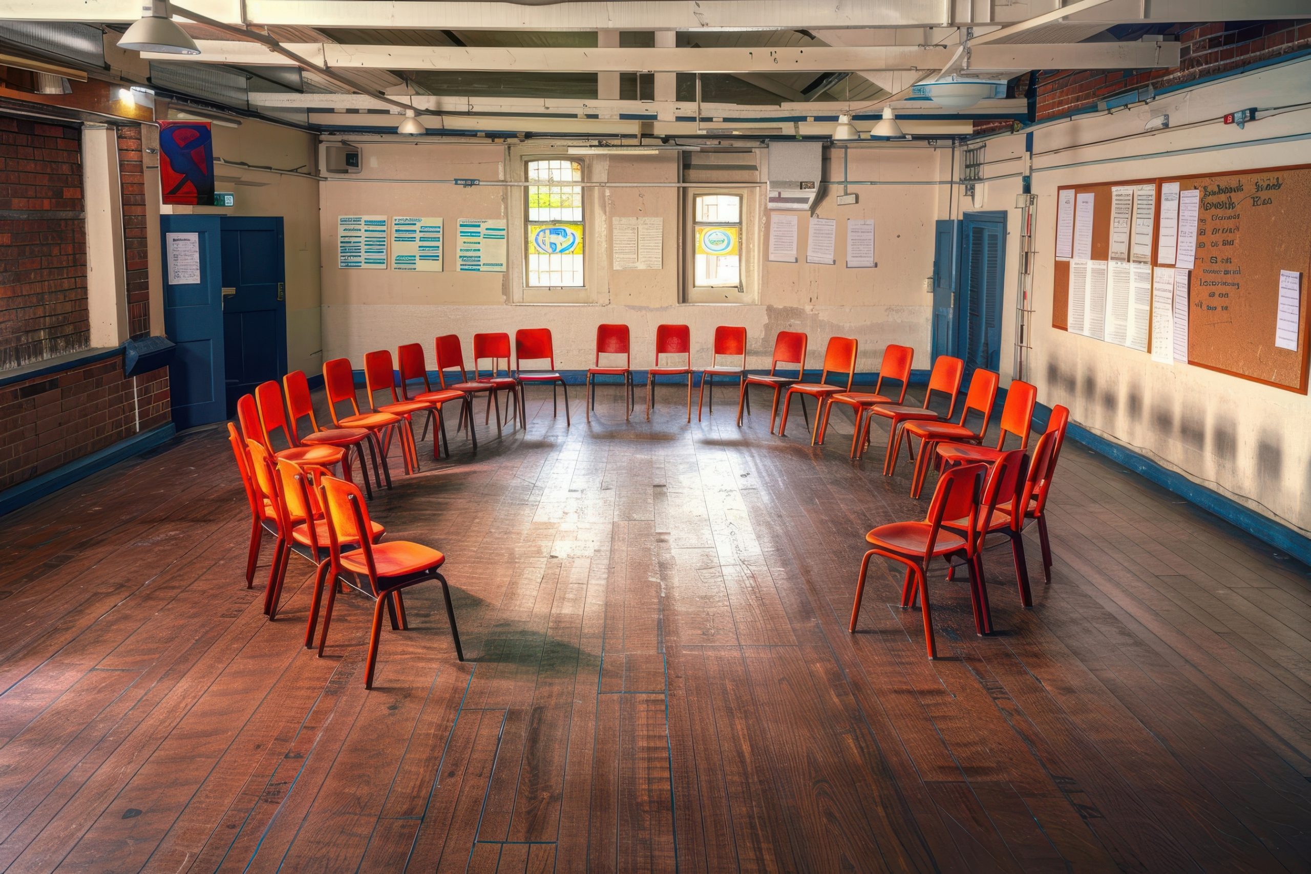 An empty community hall with chairs arranged in a circle