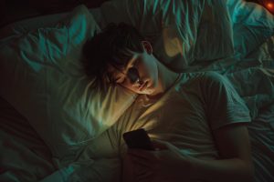 A young person lying in bed at night looking at a phone
