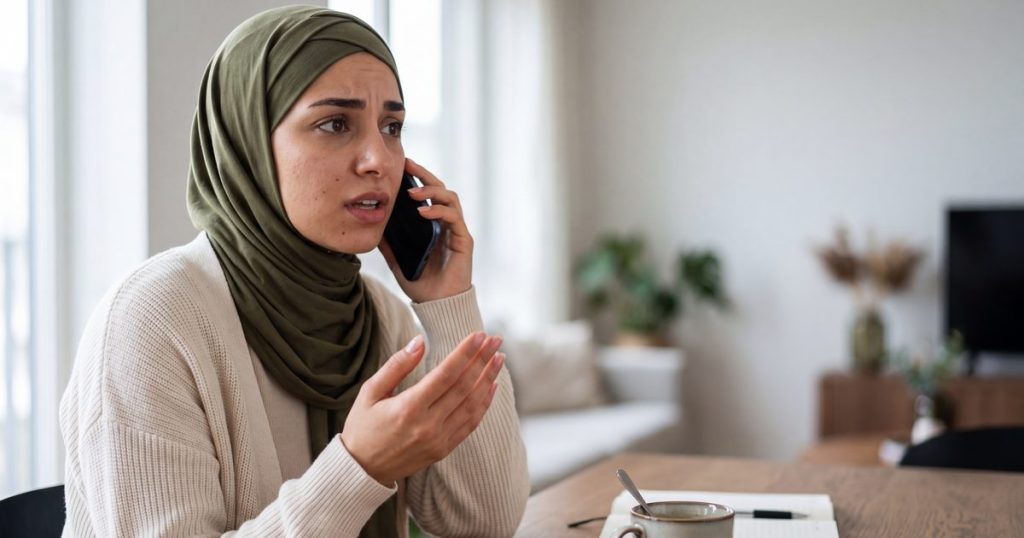 A young Muslim woman in a hijab sits at her kitchen table talking on her mobile phone, looking worried.